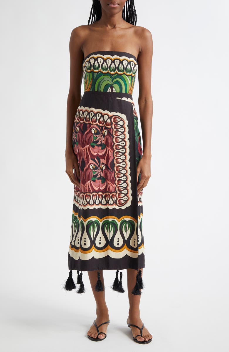 FARM Rio Coconut Tree Mixed Scarf Print Strapless Linen Blend Dress, Main, color, 