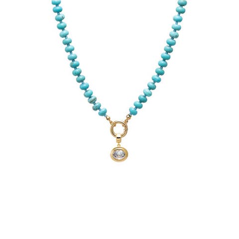 Colored Natural Stone Beaded /CZ Oval Bezel Charm Necklace