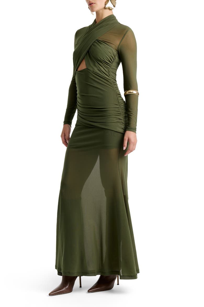 Veria Long Sleeve Wrap Mesh Maxi Dress, Alternate, color, KHAKI
