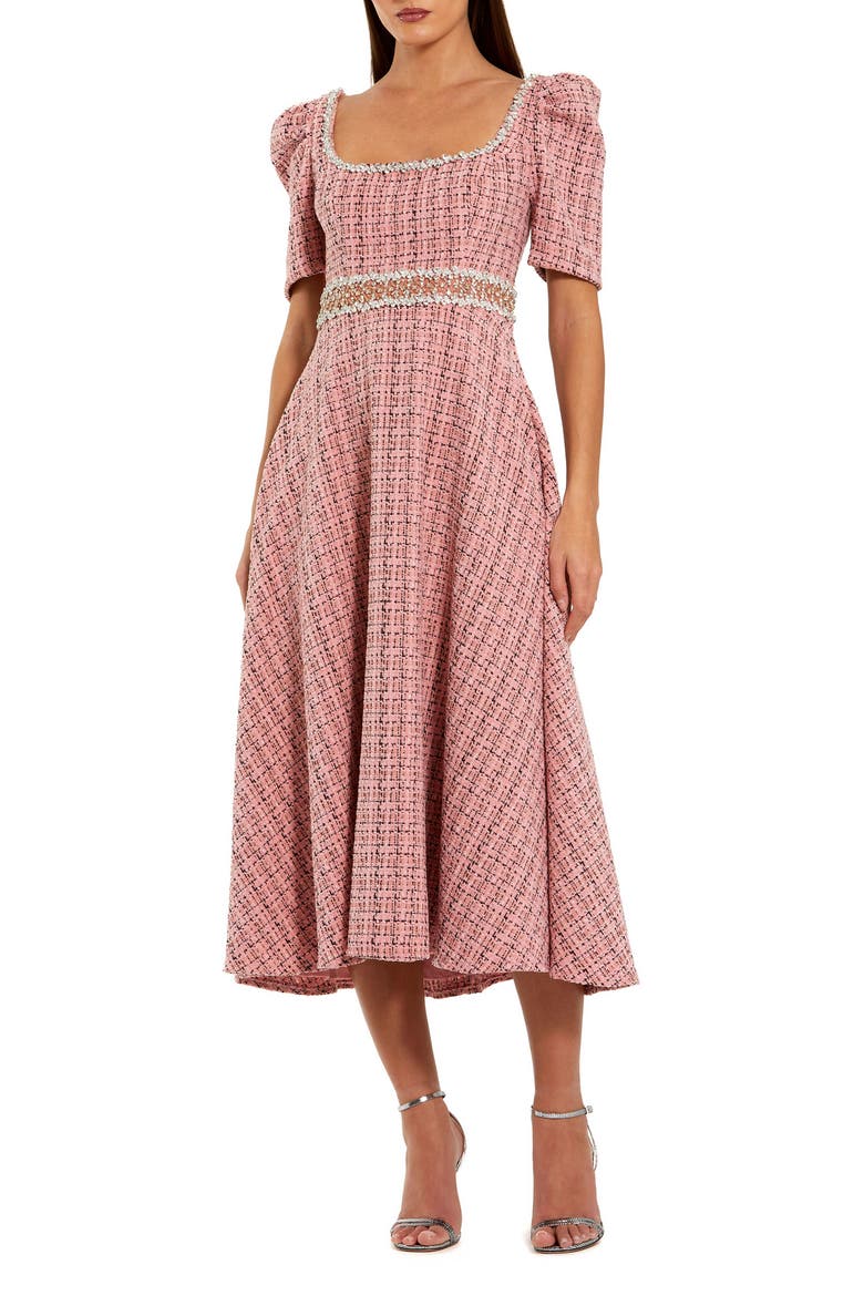 Puff Sleeve Boucle Midi Dress With Beaded Belt, Main, color, Pink Multi