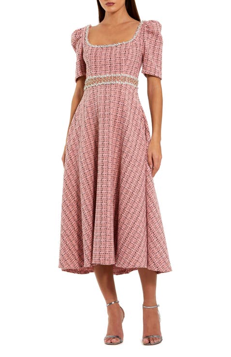 Puff Sleeve Boucle Midi Dress With Beaded Belt