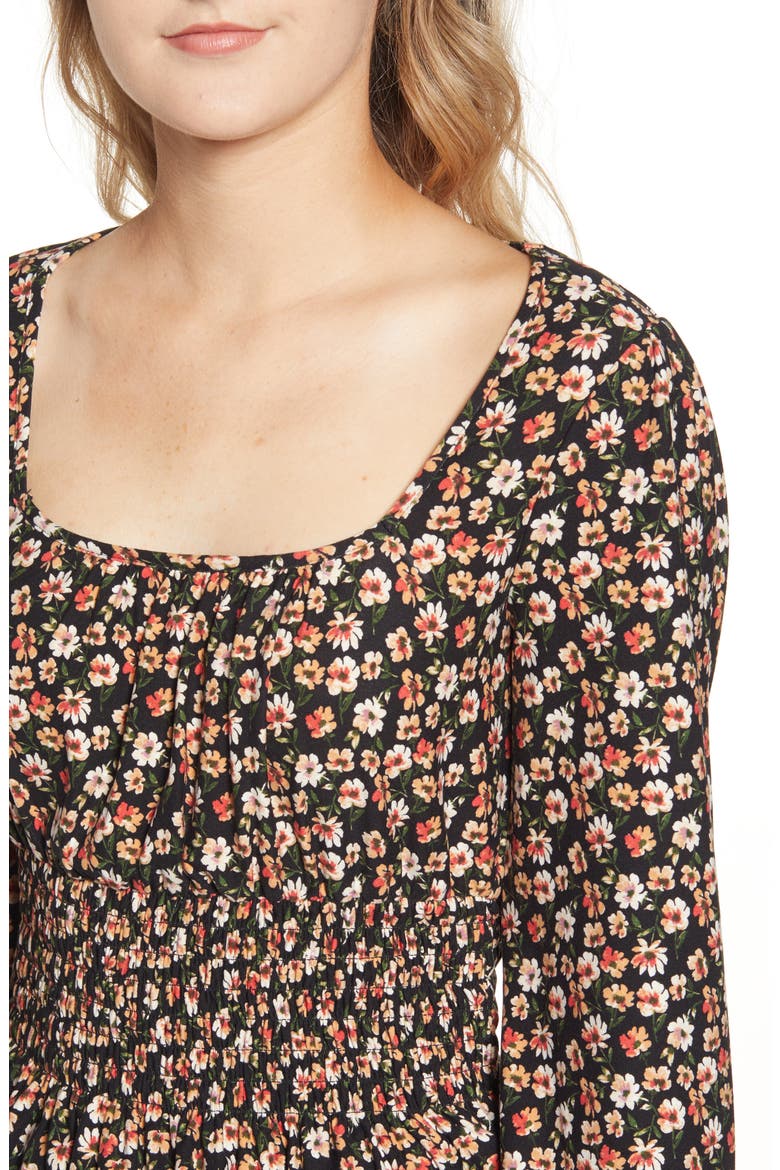 Smocked Waist Floral Top, Alternate, color, BLACK FLORAL