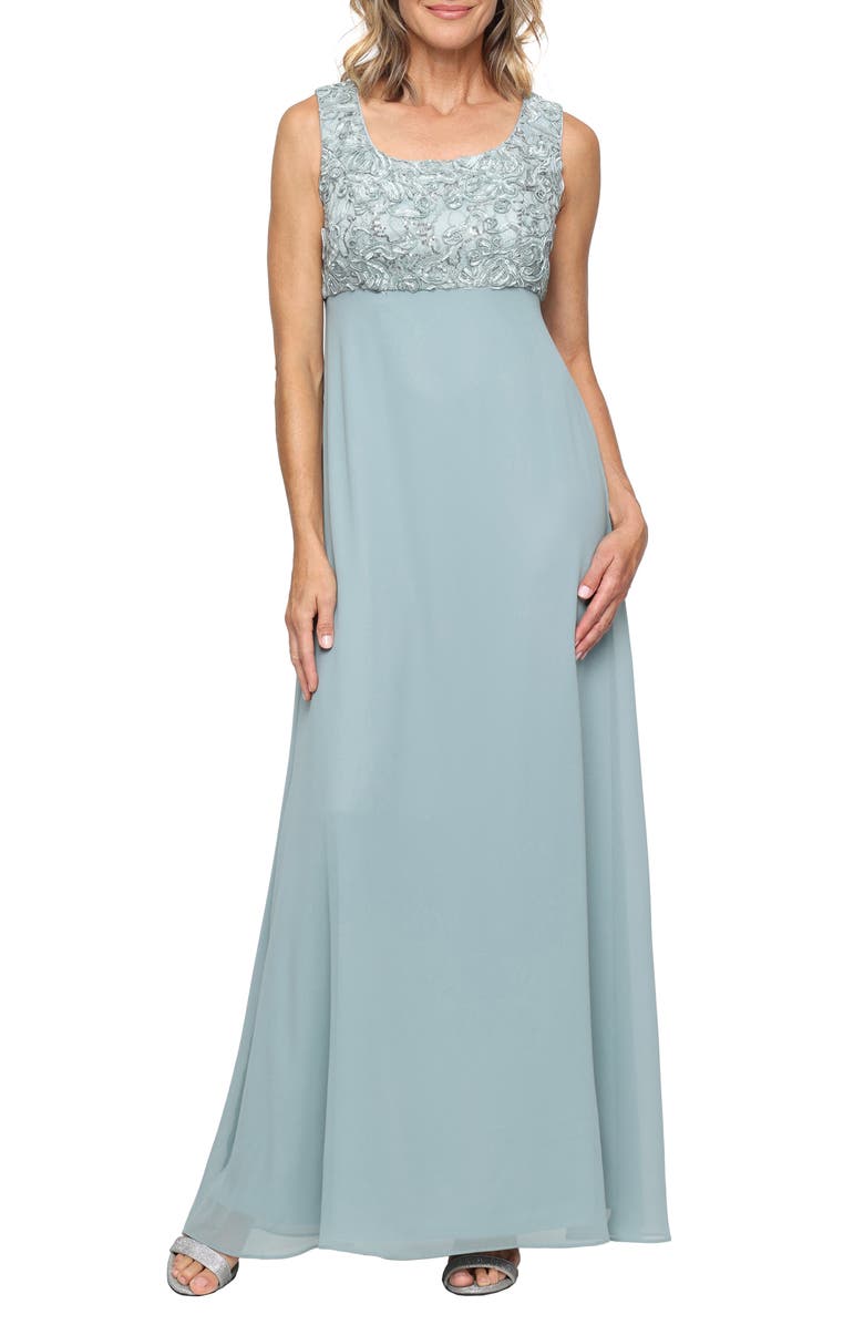 Alex Evenings Sequin Soutache Lace Empire Waist Chiffon Gown with Jacket, Alternate, color, Ice Sage
