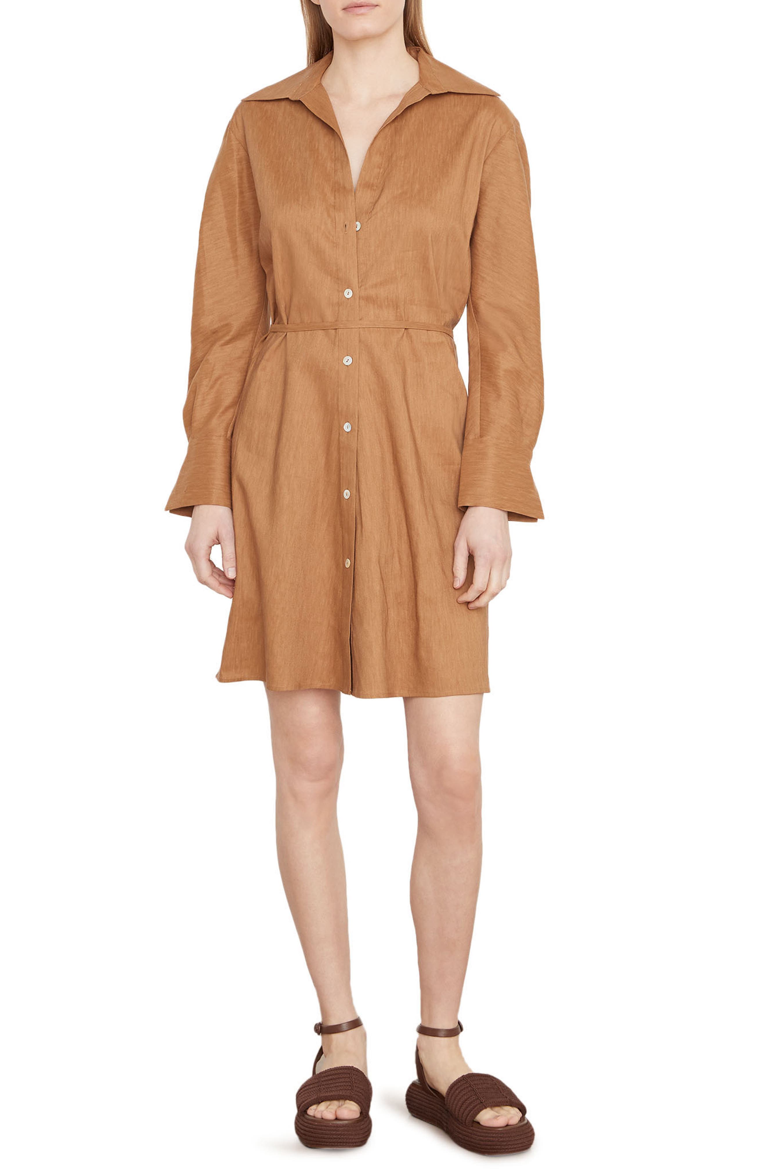 Vince Long Sleeve Stretch Linen Blend Shirtdress