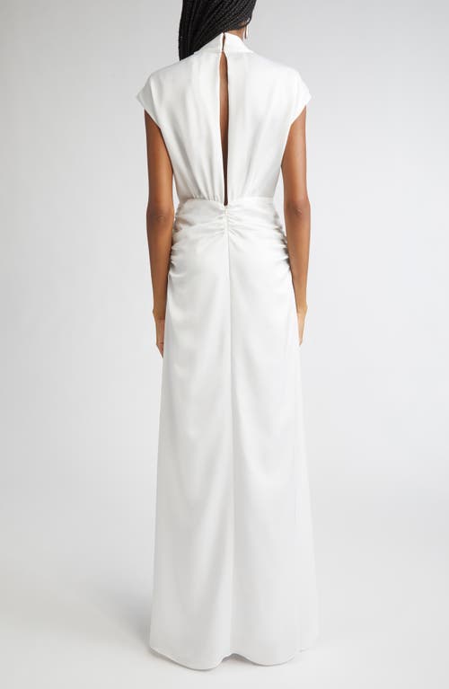 Ramy Brook Catrin Plunge Neck Center Ruched Satin Gown In White