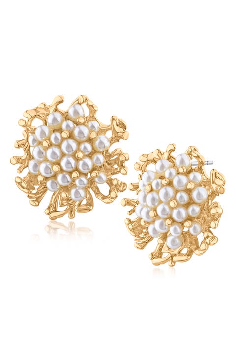 Faux Pearl Coral Cluster Stud Earrings