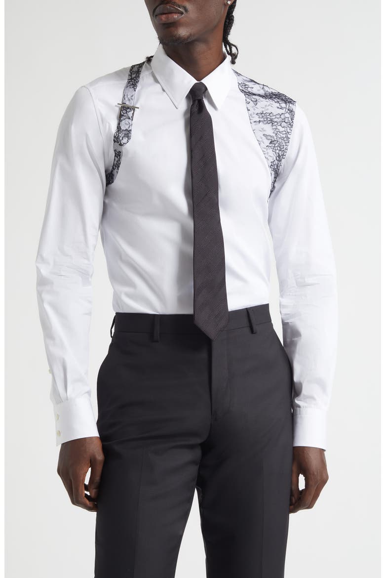 Lace Detail Harness Strap Cotton Poplin Button-Up Shirt, Main, color, OPTICALWHITE