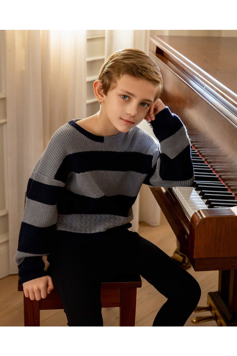 Kid's 2-Tone Striped Cotton Pullover Sweater, Alternate, color, Navy