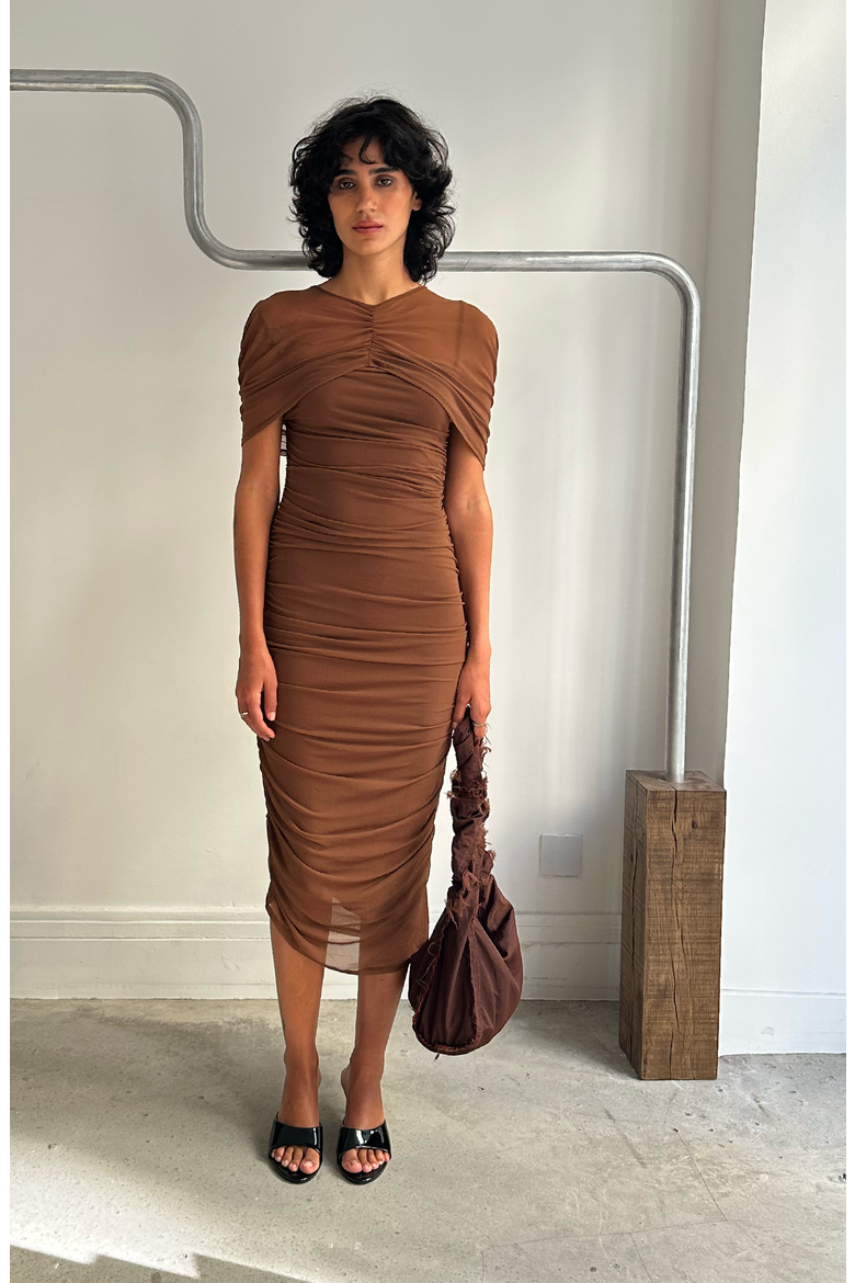 Draped Cape Dress, Alternate, color, Brown