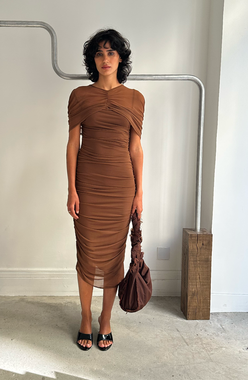 Saemdi Draped Cape Dress In Brown