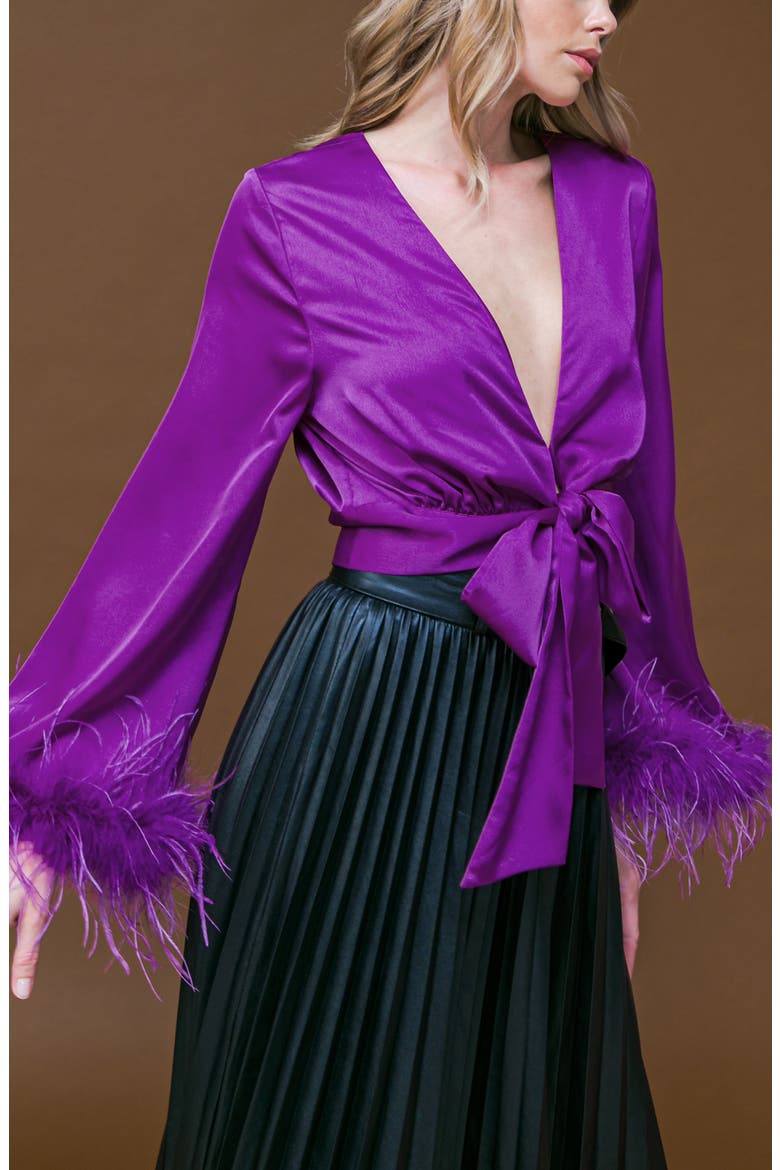 Satin Tie Front Top with Faux Fur Cuffs, Alternate, color, PURPLE