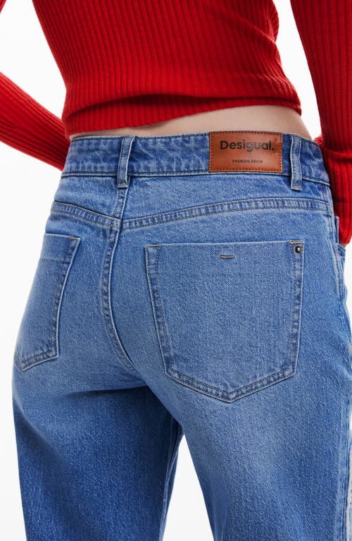 Desigual Embroidered Patch Crop Straight Leg Jeans In Medium Blue
