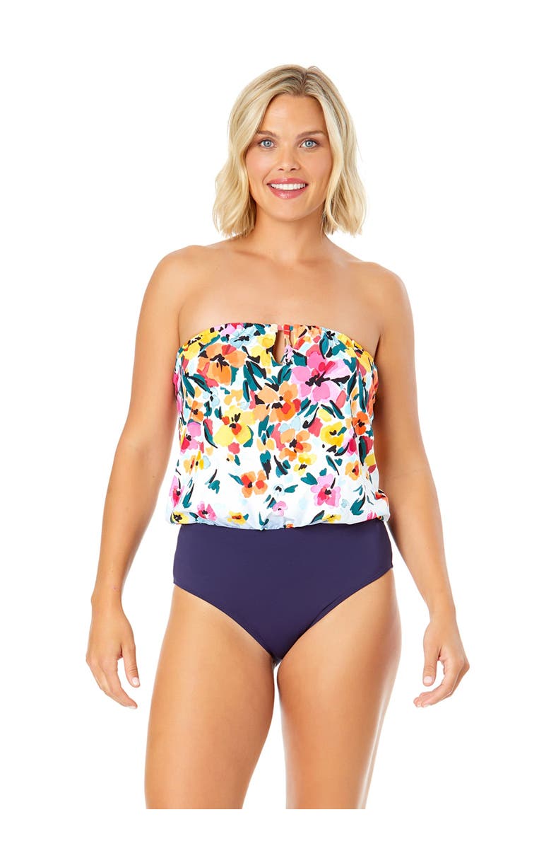 Anne Cole Women's Gradient Floral Strapless Blouson Keyhole One Piece Swimsuit, Main, color, Gradient Floral