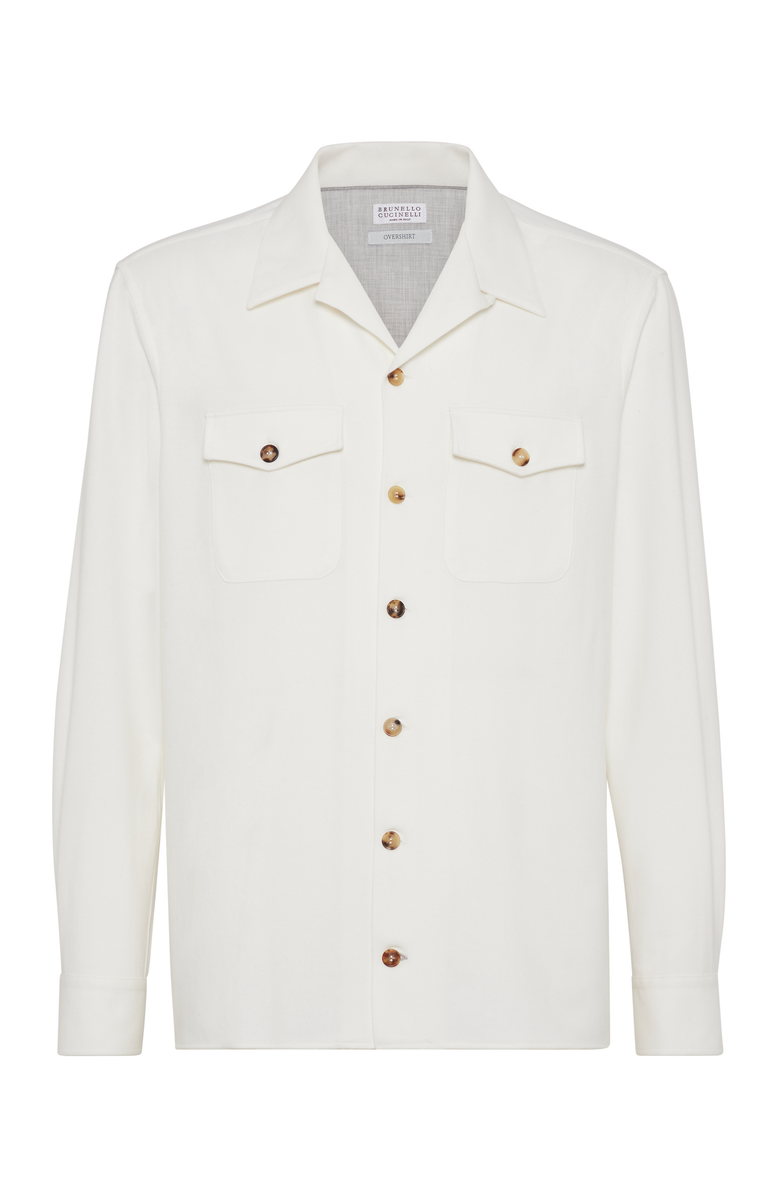 Brunello Cucinelli Wool and cashmere flannel overshirt with camp collar and chest pockets, Main, color, 