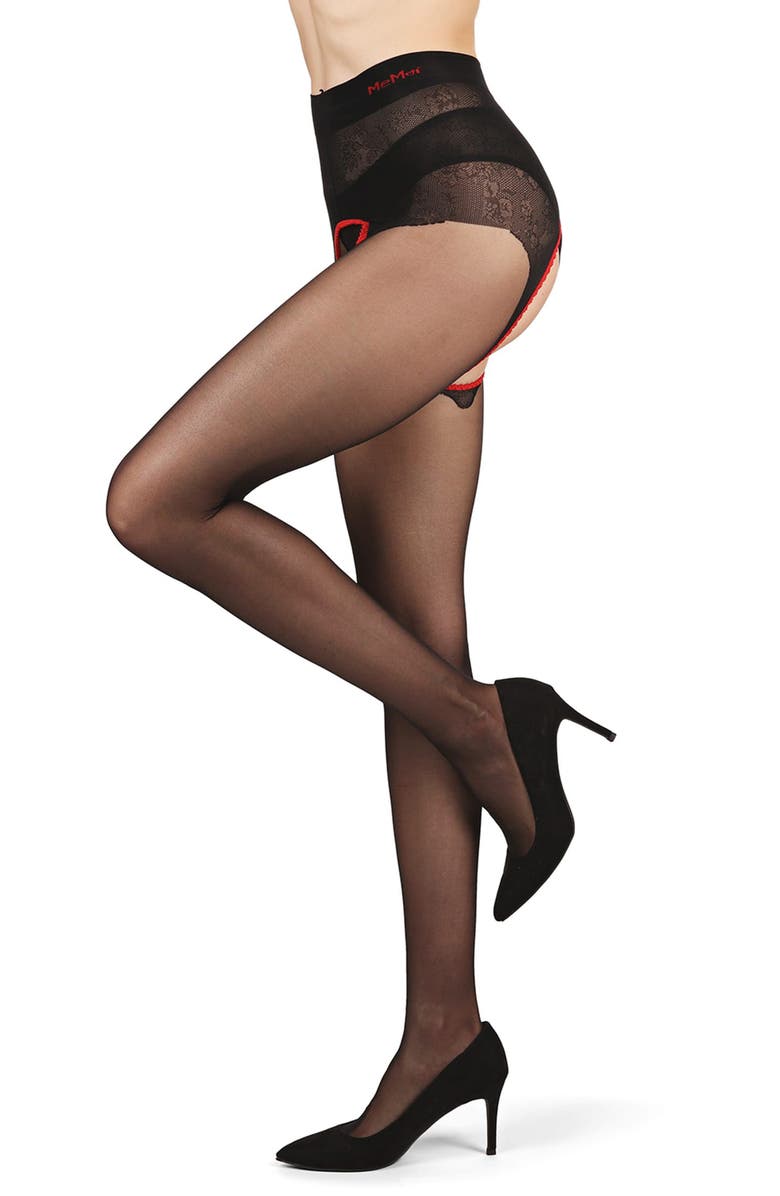 MeMoi Tease Me Lace Crotchless Tights, Main, color, Black-Red
