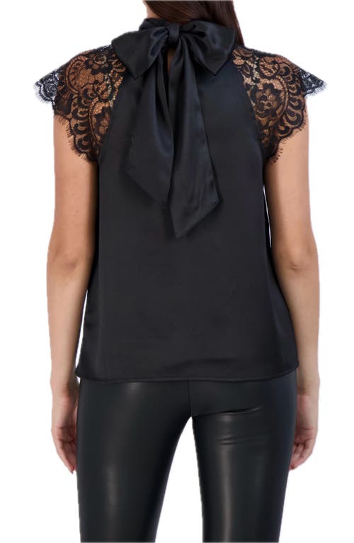 Ookie & Lala Tie Back Mock Neck Lace Sleeve Satin Blouse In Black