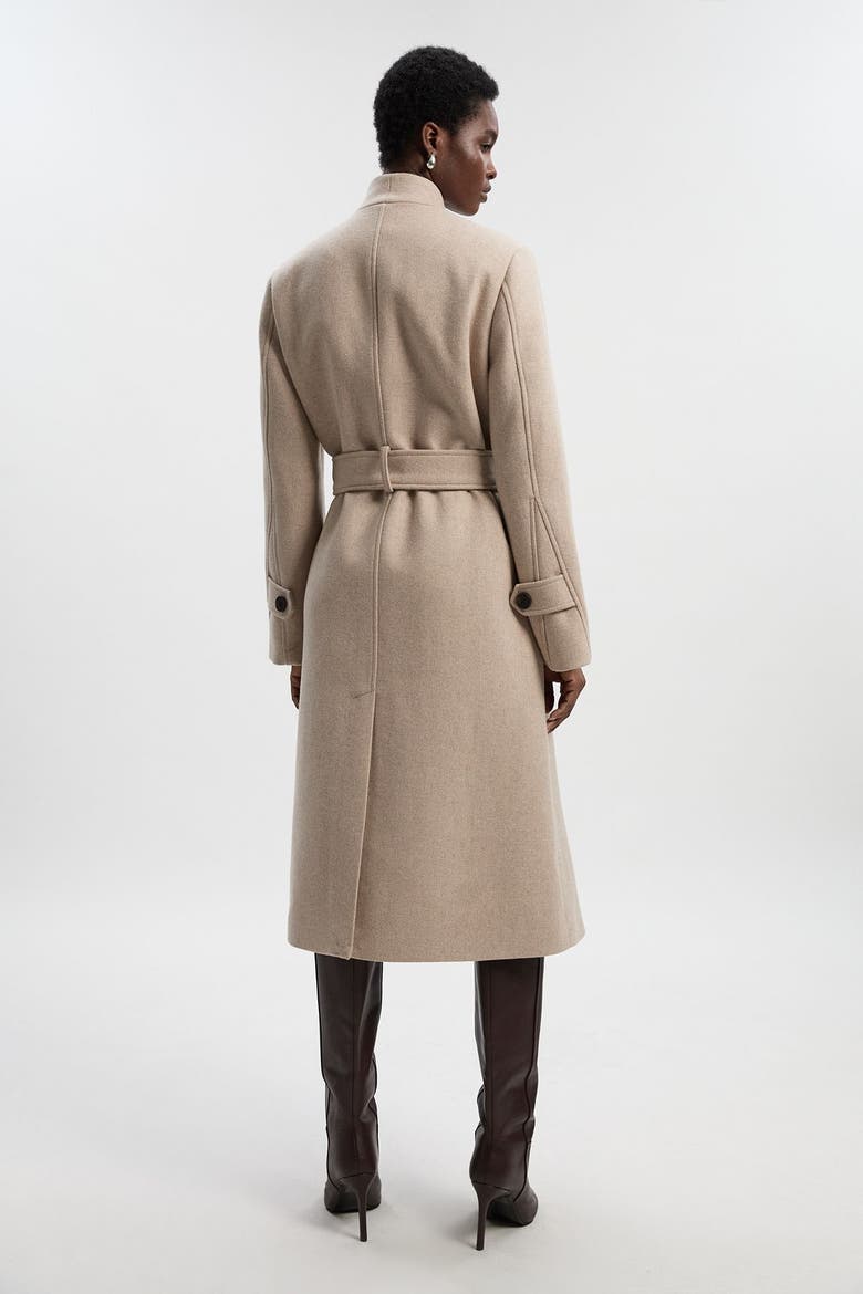 Wool Wrap Neck Tailored Belted Midi Coat, Alternate, color, Oatmeal