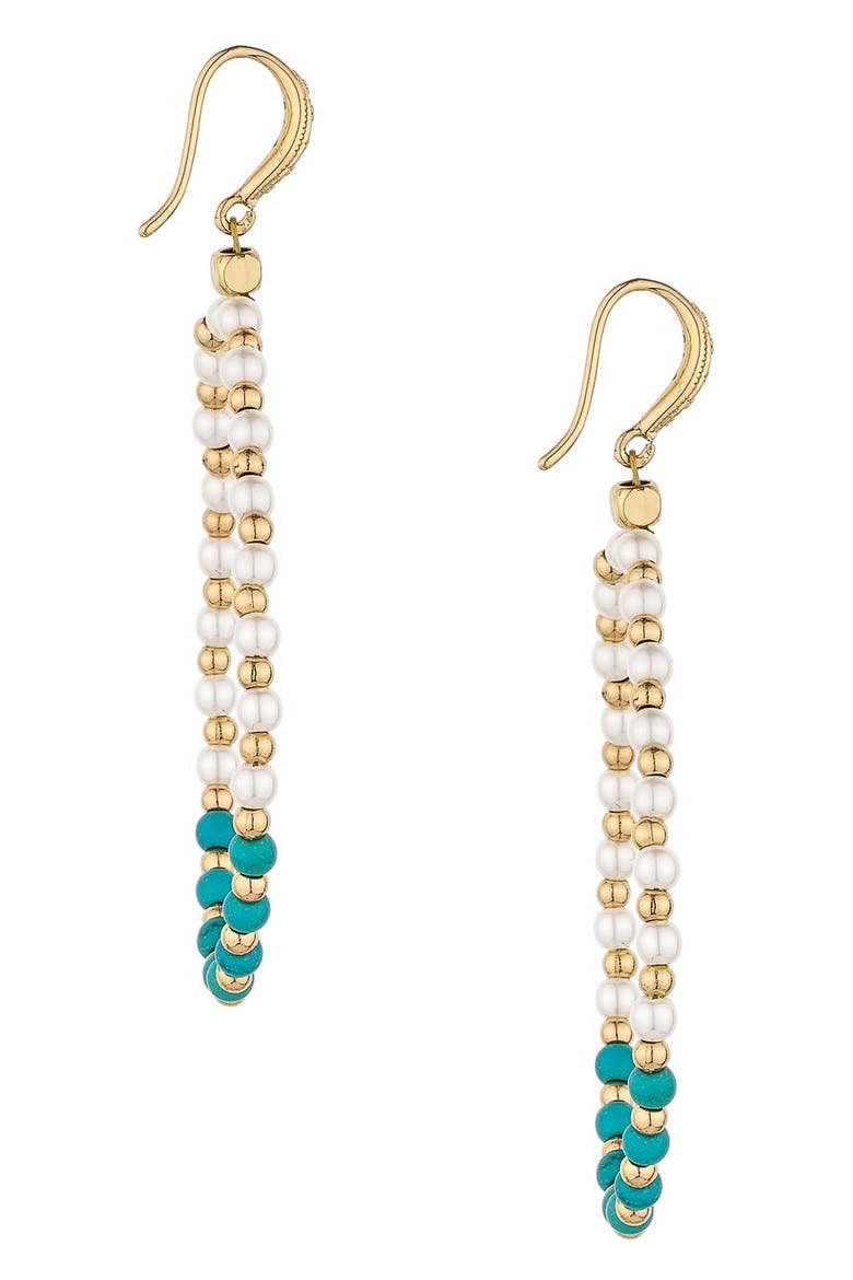Imitation Pearl & Turquoise Beaded Teardrop Earrings, Alternate, color, GOLD