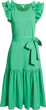 Caslon® Ruffle Tie Waist Mixed Media Dress