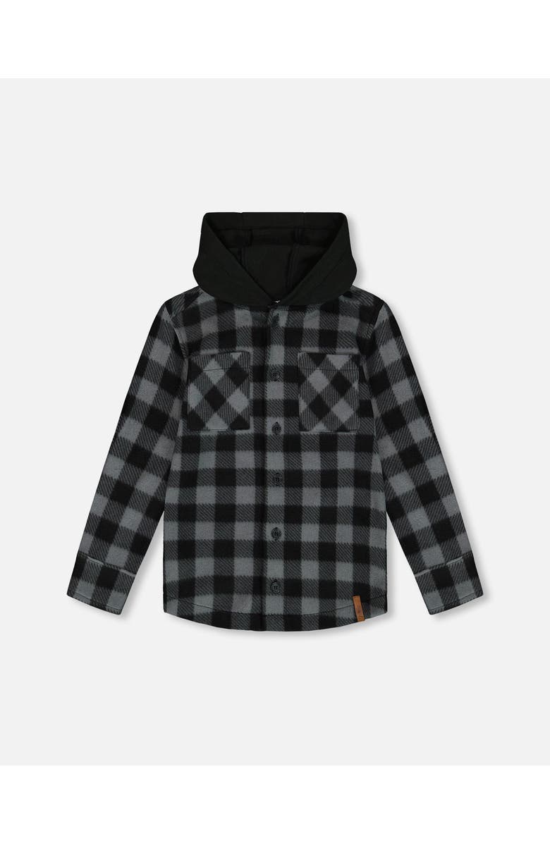 Deux par Deux Boy's Polar Fleece Shirt With Hood Black Plaid, Main, color, 