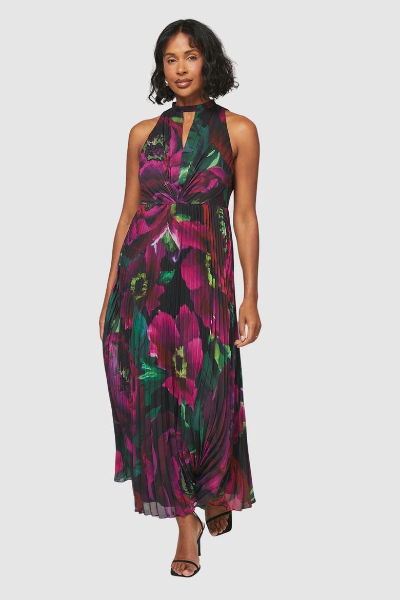 Floral Print Pleated Maxi Dress, Main, color, Black
