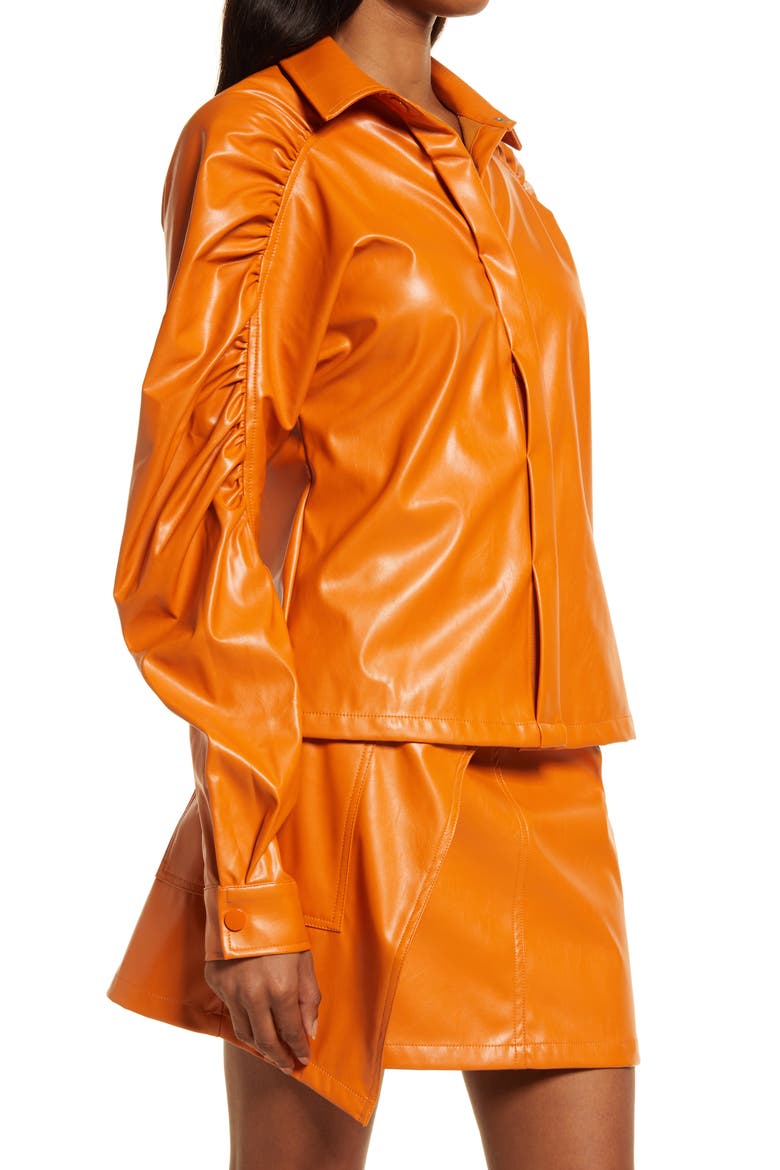 Ruched Puff Sleeve Faux Leather Shirt, Alternate, color, TAN