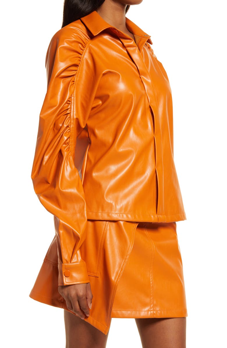 Amy Lynn Ruched Puff Sleeve Faux Leather Shirt, Alternate, color, Tan
