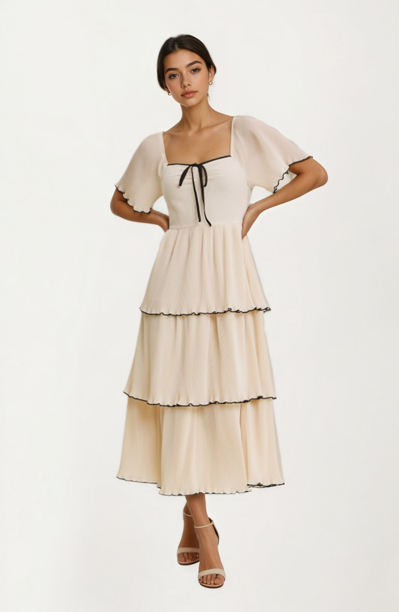 Knit and Lounge Tiered Flutter Sleeve Tie Front Midi Dress, Alternate, color, 