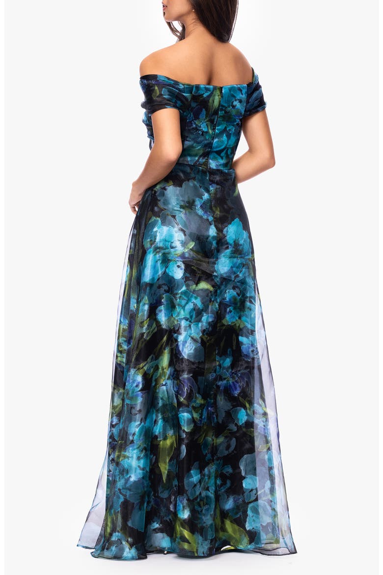 Floral Print Organza Off the Shoulder Gown, Alternate, color, BLACK/ TEAL