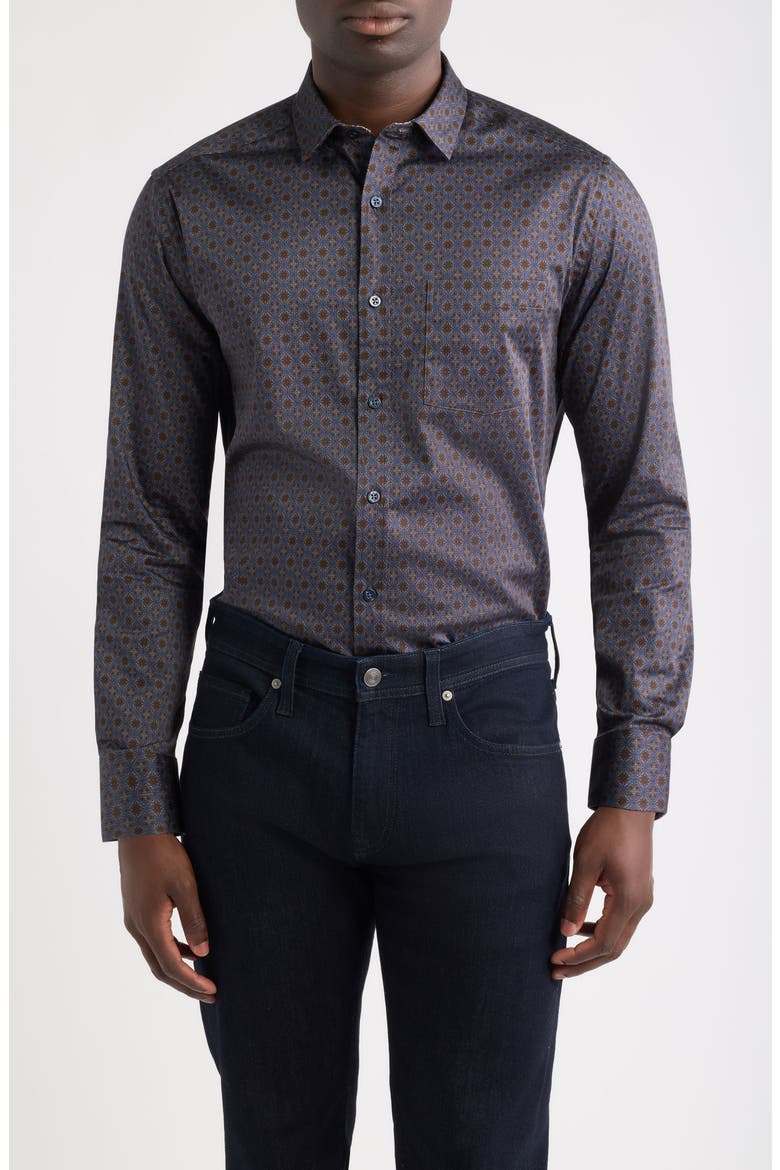 Logan Print Button-Up Shirt, Main, color, NAVY / BROWN MEDALLION CREST