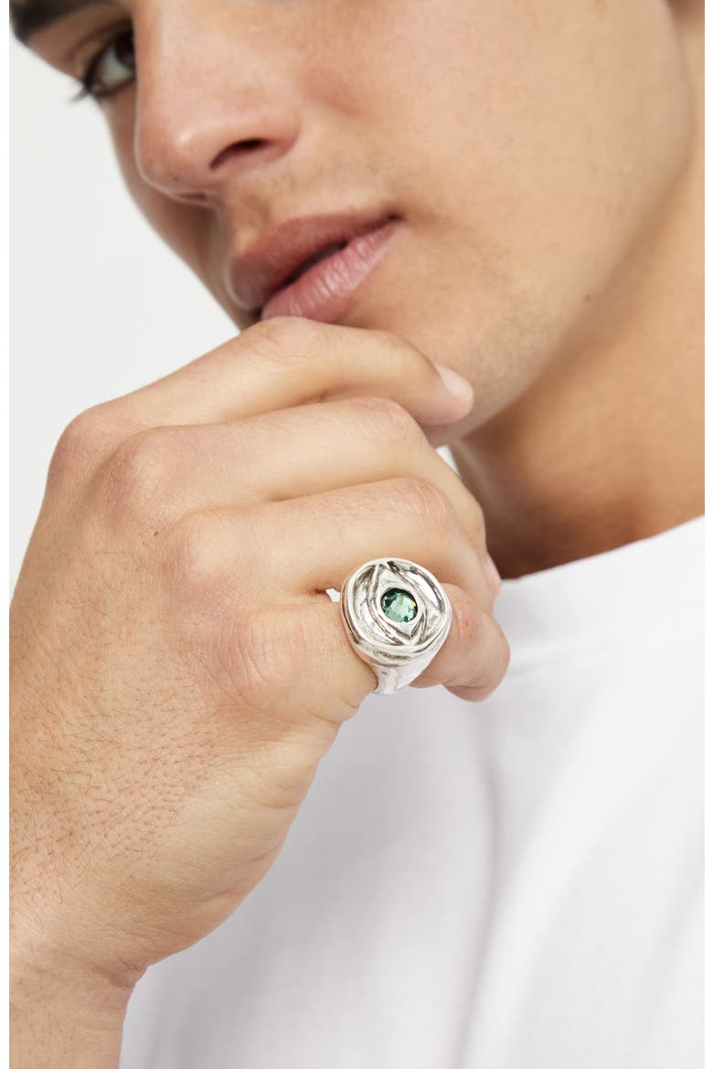Sterling Silver Plated Signet Ring in the Shape of an Eye with Green Faceted Crystal, Alternate, color, Silver