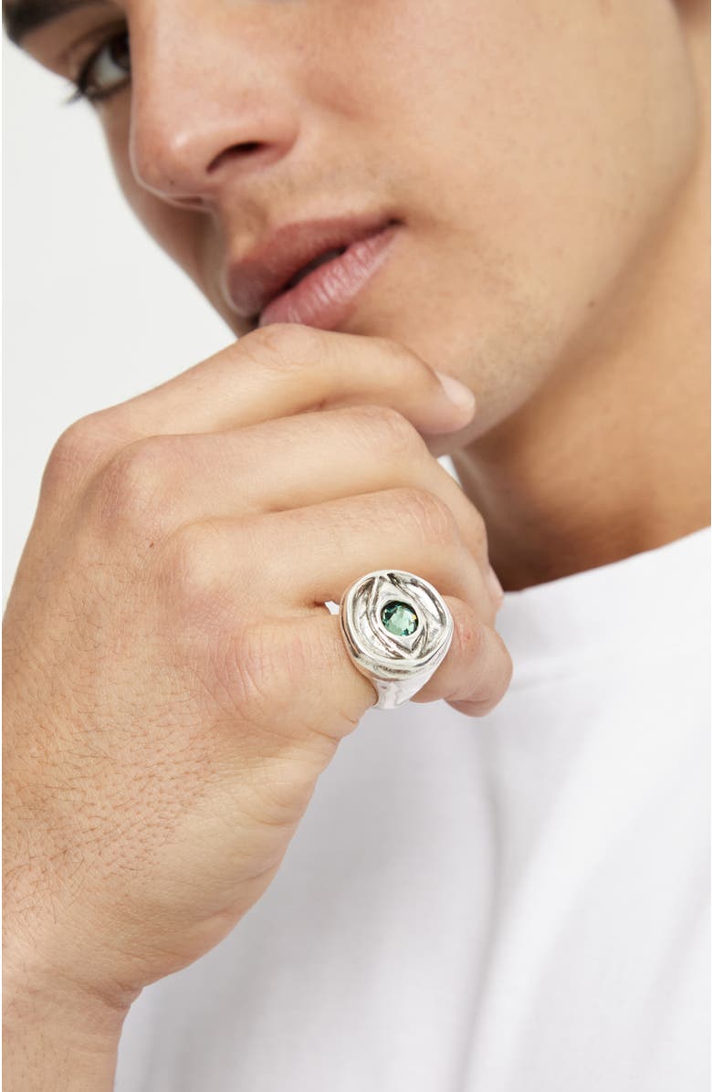 UNODE50 Sterling silver plated signet ring in the shape of an eye with green faceted crystal, Alternate, color, Silver