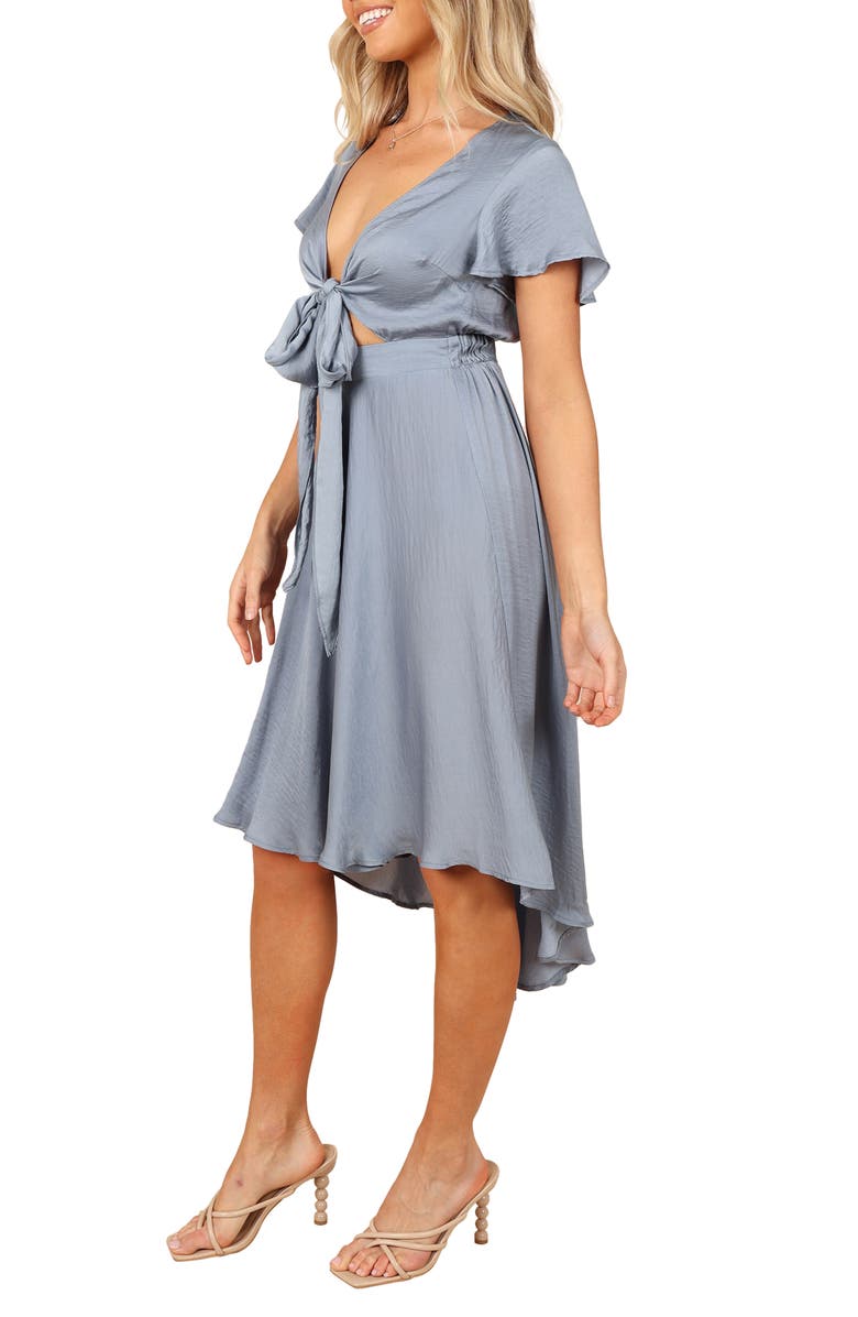 Petal & Pup Amanda Tie Front Cutout High-Low Satin Dress, Alternate, color, Blue