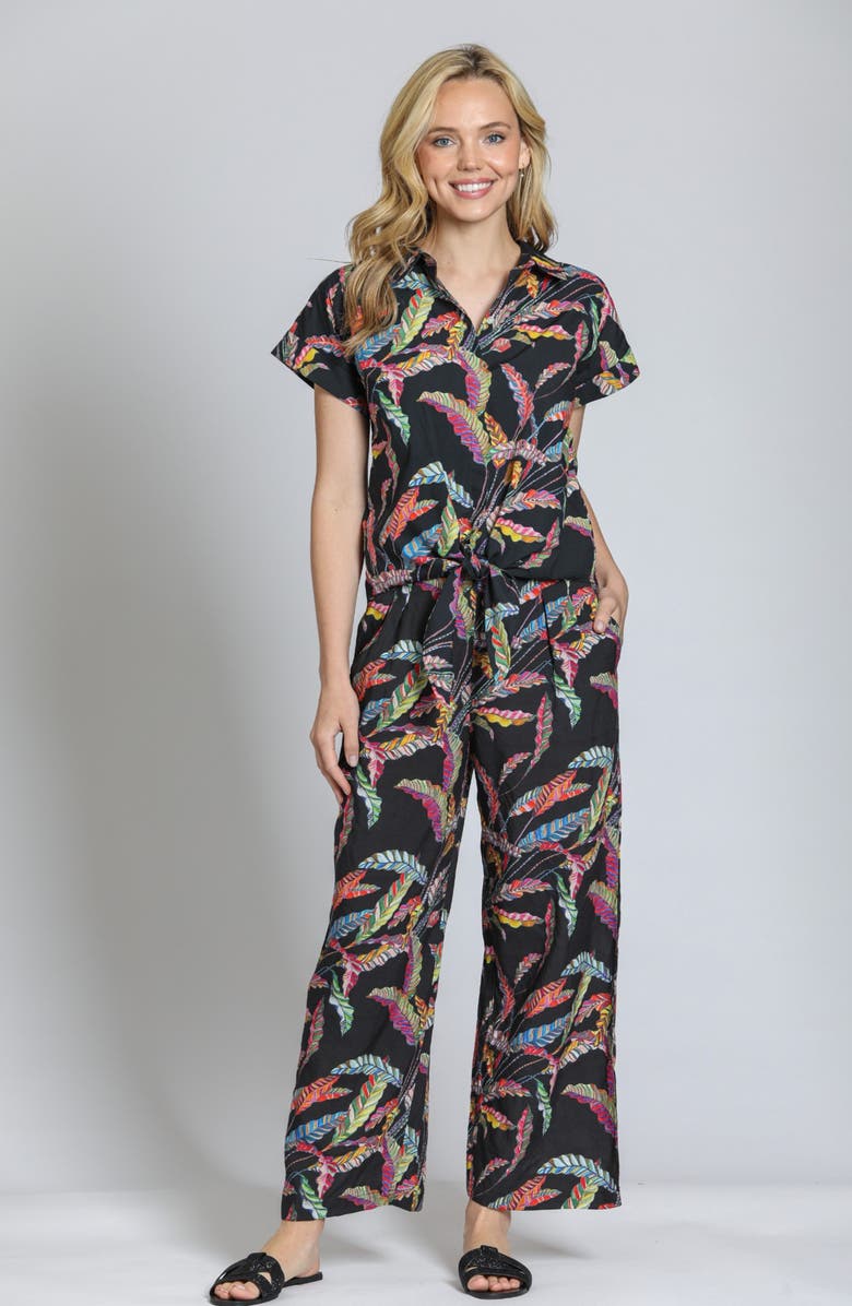 APNY Leaf Print Tie Waist Cotton Camp Shirt, Alternate, color, Black Multi