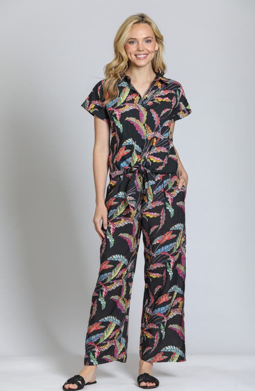 Apny Leaf Print Tie Waist Cotton Camp Shirt In Black Multi