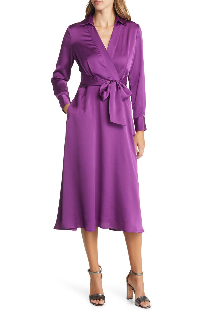 Tahari ASL Tie Front Long Sleeve V-Neck Satin Shirtdress, Main, color, 