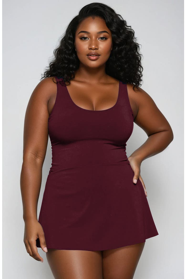 Plus Size Hayley Tankini-Style Swim Dress With Adjustable Straps and Hidden Bikini Bottoms, Main, color, Wine