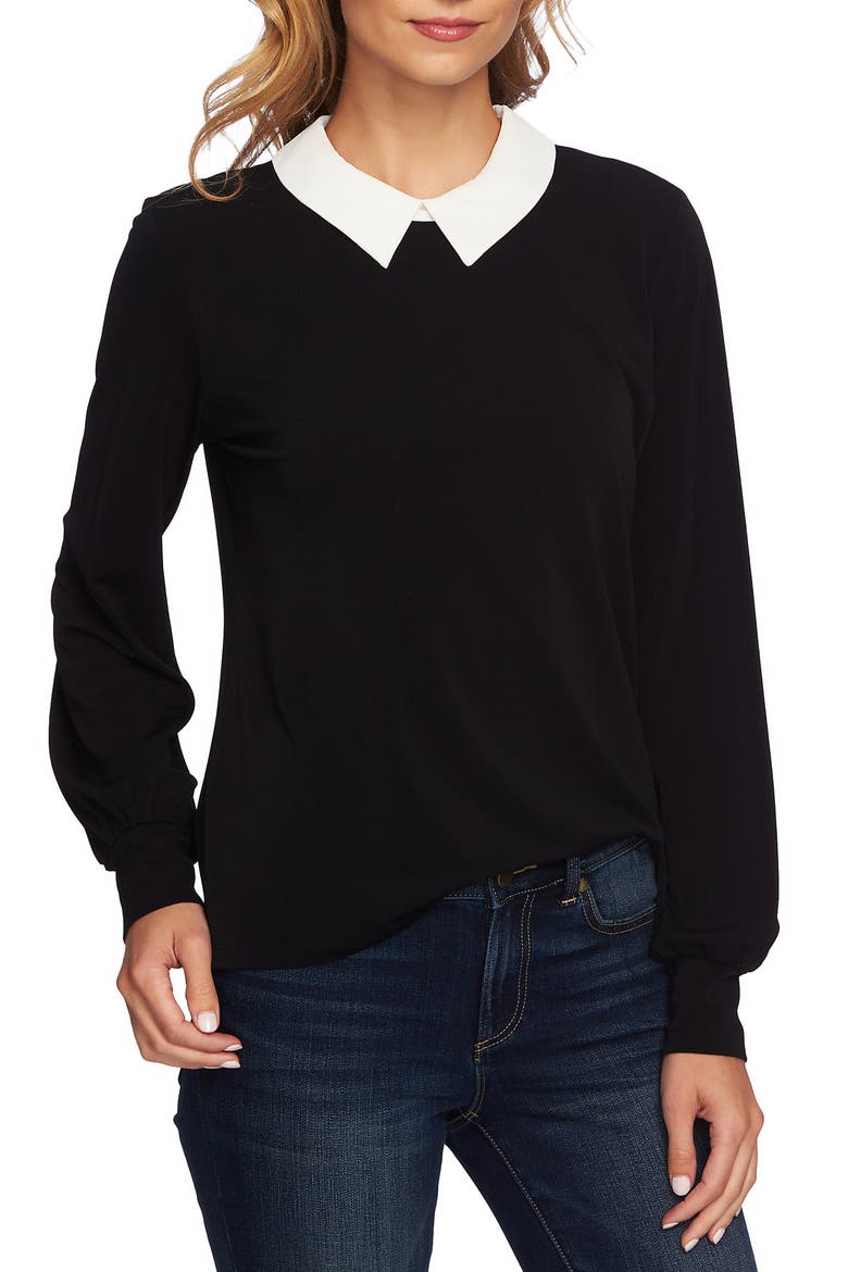 Mixed Media Collar Top, Main, color, RICH BLACK
