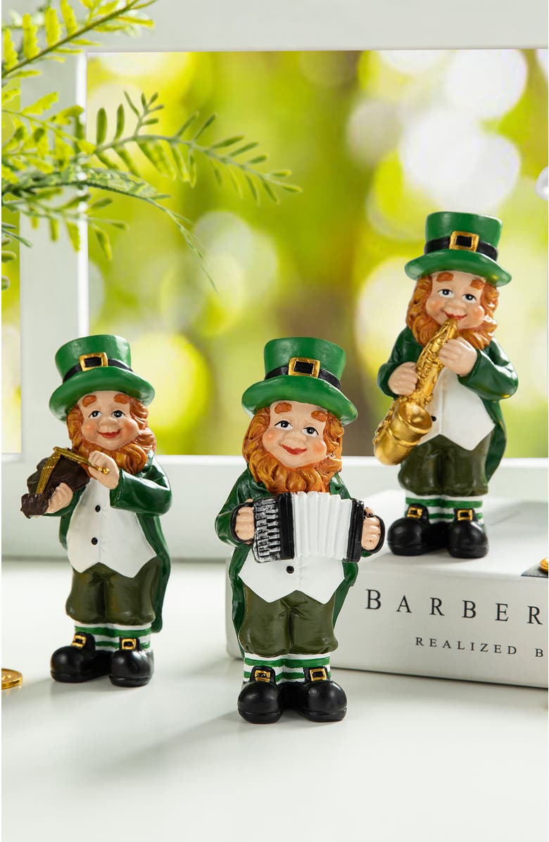 Glitzhome Set of 3 St. Patrick's Leprechaun Musicians Resin Table Decor, Alternate, color, 