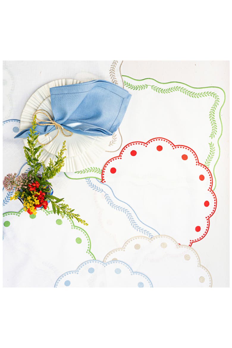 Tessuti Set of 4 Rectangular White Linen Placemats with Green Ivy Embroidery, Alternate, color, GREEN