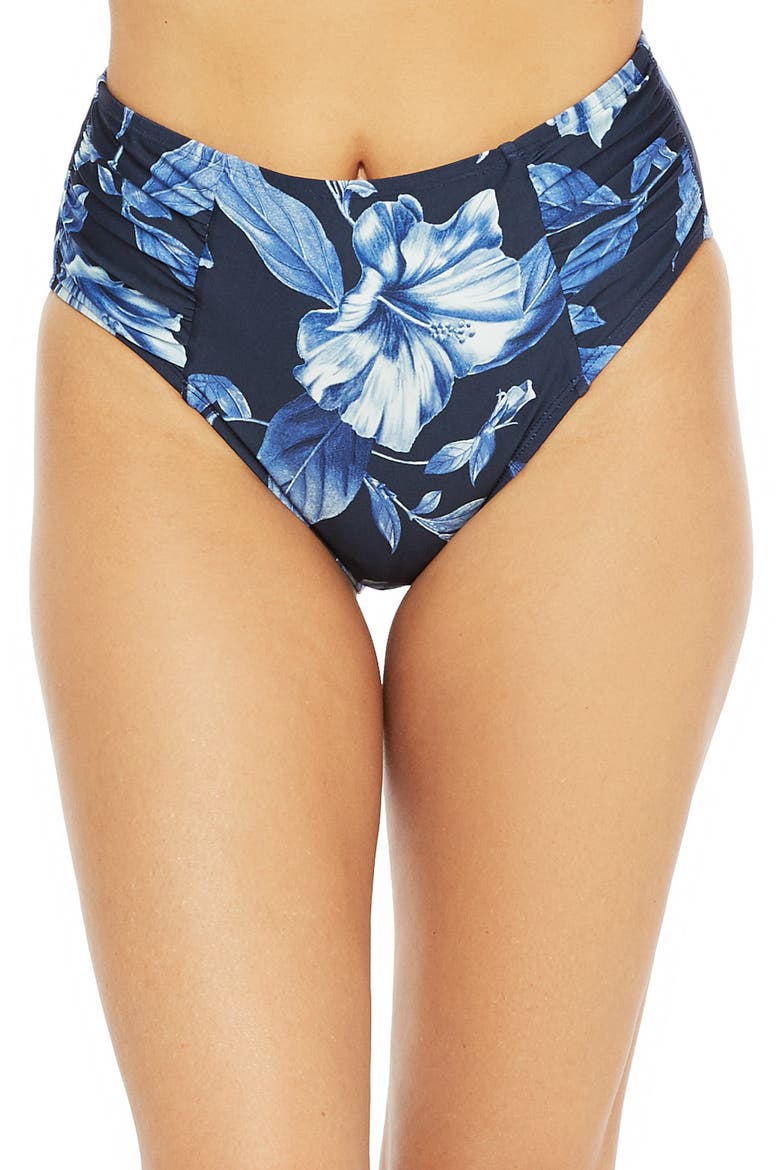 High Waist Shirred Bikini Bottoms, Main, color, BLUE MOON/ CORAL MULTI