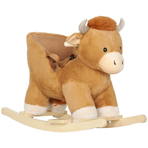 Baby Rocking Horse with Cute Cow Stuffed Plush, Music, Safety Belt, Cow Wooden Rocking Horse for Boys and Girls Aged 1-3 Years, Brown