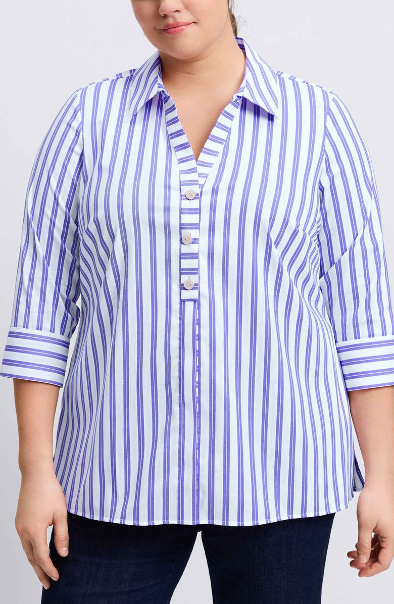 Foxcroft Pamela Stripe Cotton Blend Tunic Shirt, Main, color, Lapis/ White