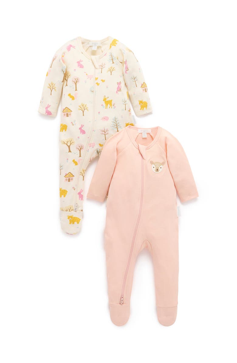 Purebaby 2 Pack Basics Printed Zip Footie Girls, Main, color, Girl's Woodland Print