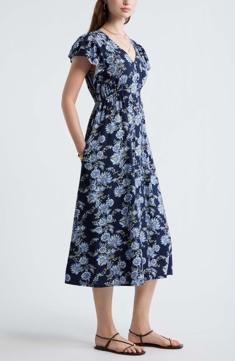 Treasure & Bond Short Sleeve Button Down Linen Blend Midi Dress, Alternate, color, Navy Cottage Floral Stripe