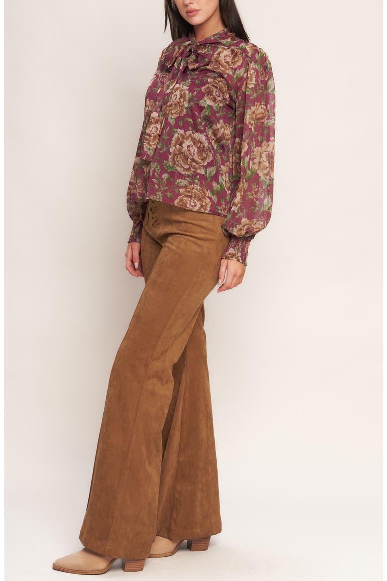 Floral Tie Neck Top, Alternate, color, BURGUNDY