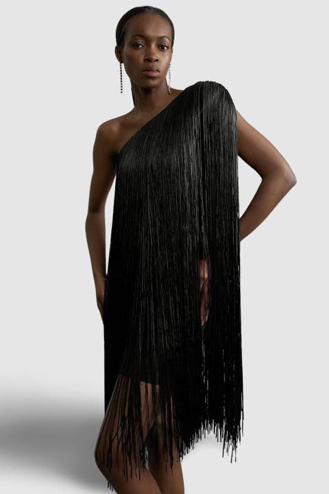 Asymmetric Draped Fringe Mini Dress