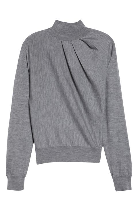 Draped Merino Wool Blend Mock Neck Sweater
