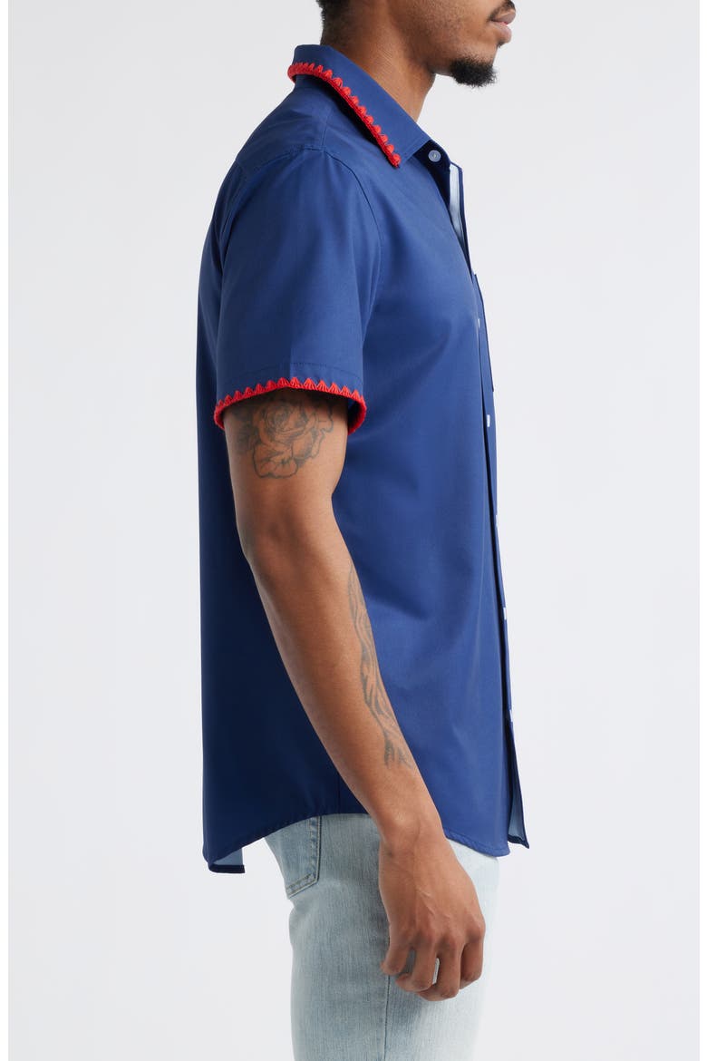 Weekend Crochet Trim Short Sleeve Performance Button-Up Shirt, Alternate, color, NAVY