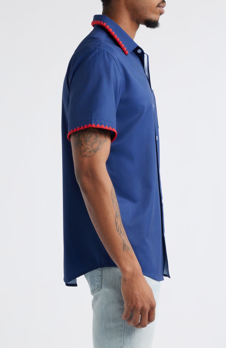 MAVRANS Weekend Crochet Trim Short Sleeve Performance Button-Up Shirt, Alternate, color, Navy